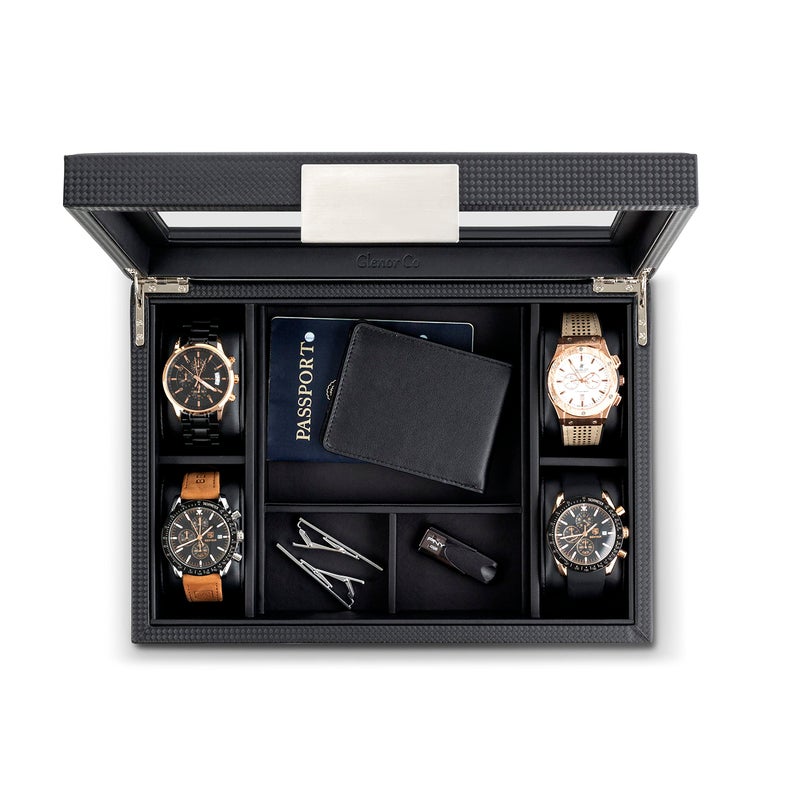 Glenor Co Valet Jewelry Box for Men - Holds 6 Watches, 12 cufflinks, 2 Sunglasses & Tray Storage - Mens Watch Case - CarbonFiber Organizer w Metal Accents, PU Leather & Large Glass Lid - Black - Image 5